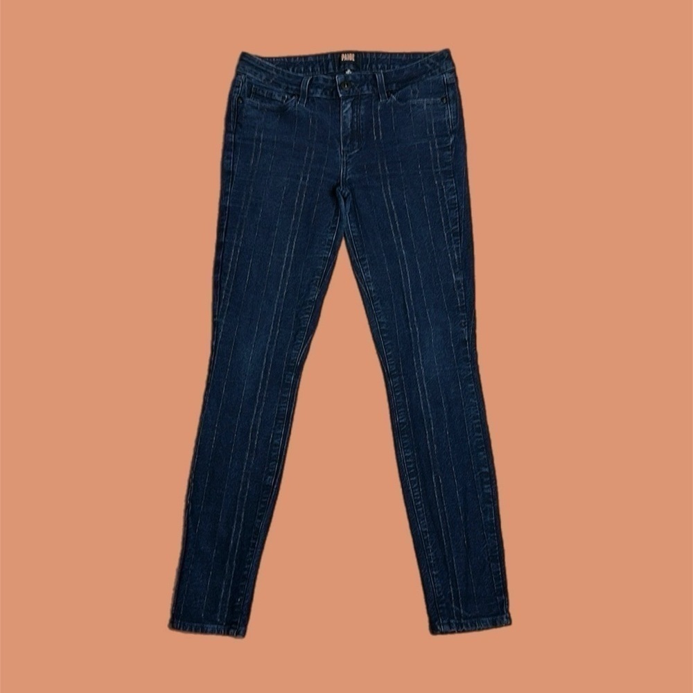Paige Women’s Metallic Stripe Verdugo Ultra Skinny Jeans Dark Blue Sz 30